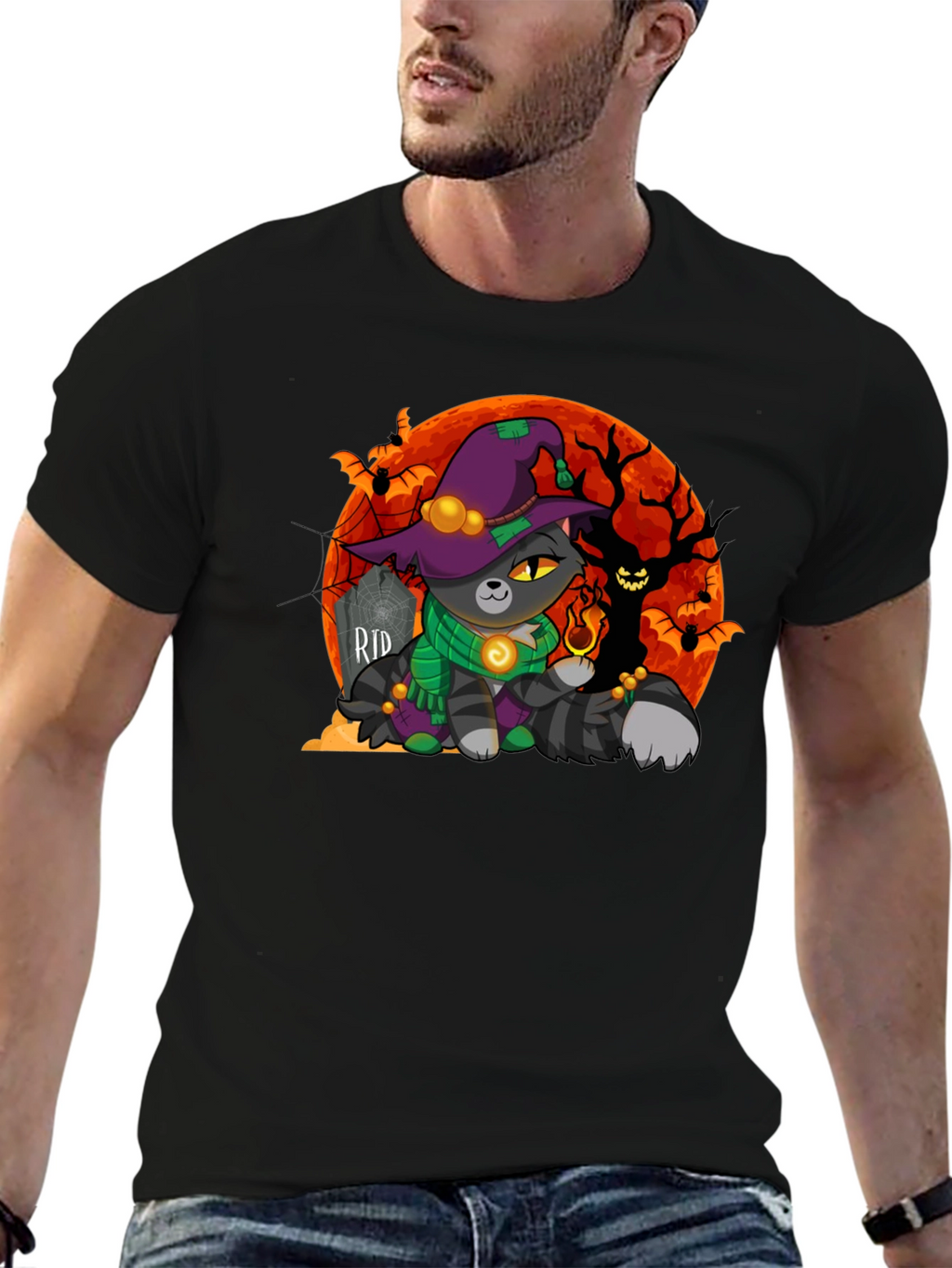 Halloween Cat Wizard Graphic T-Shirt