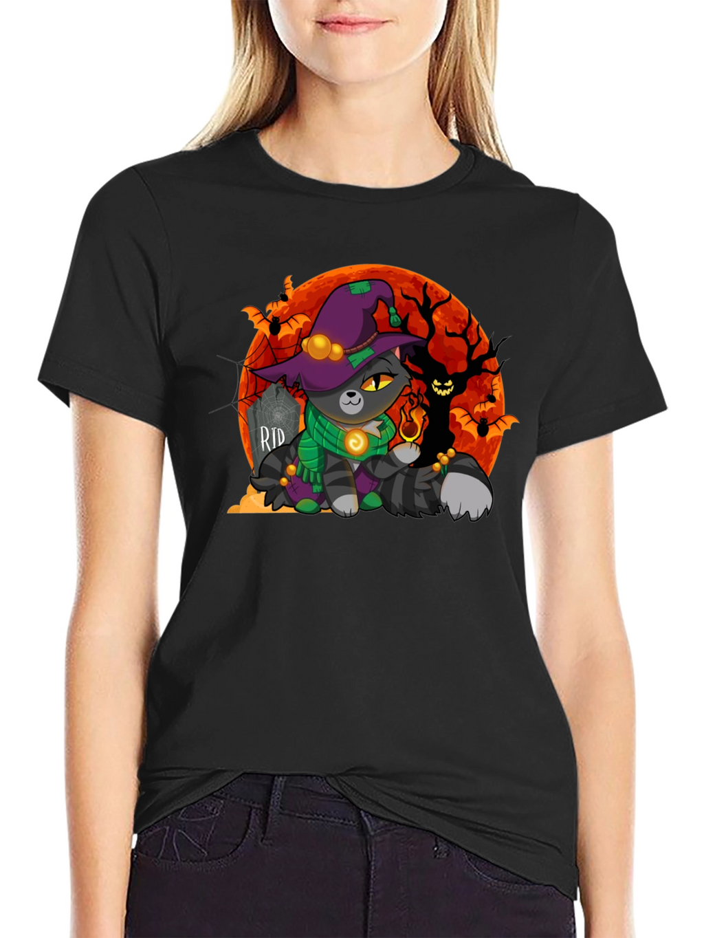 Halloween Cat Wizard Graphic T-Shirt