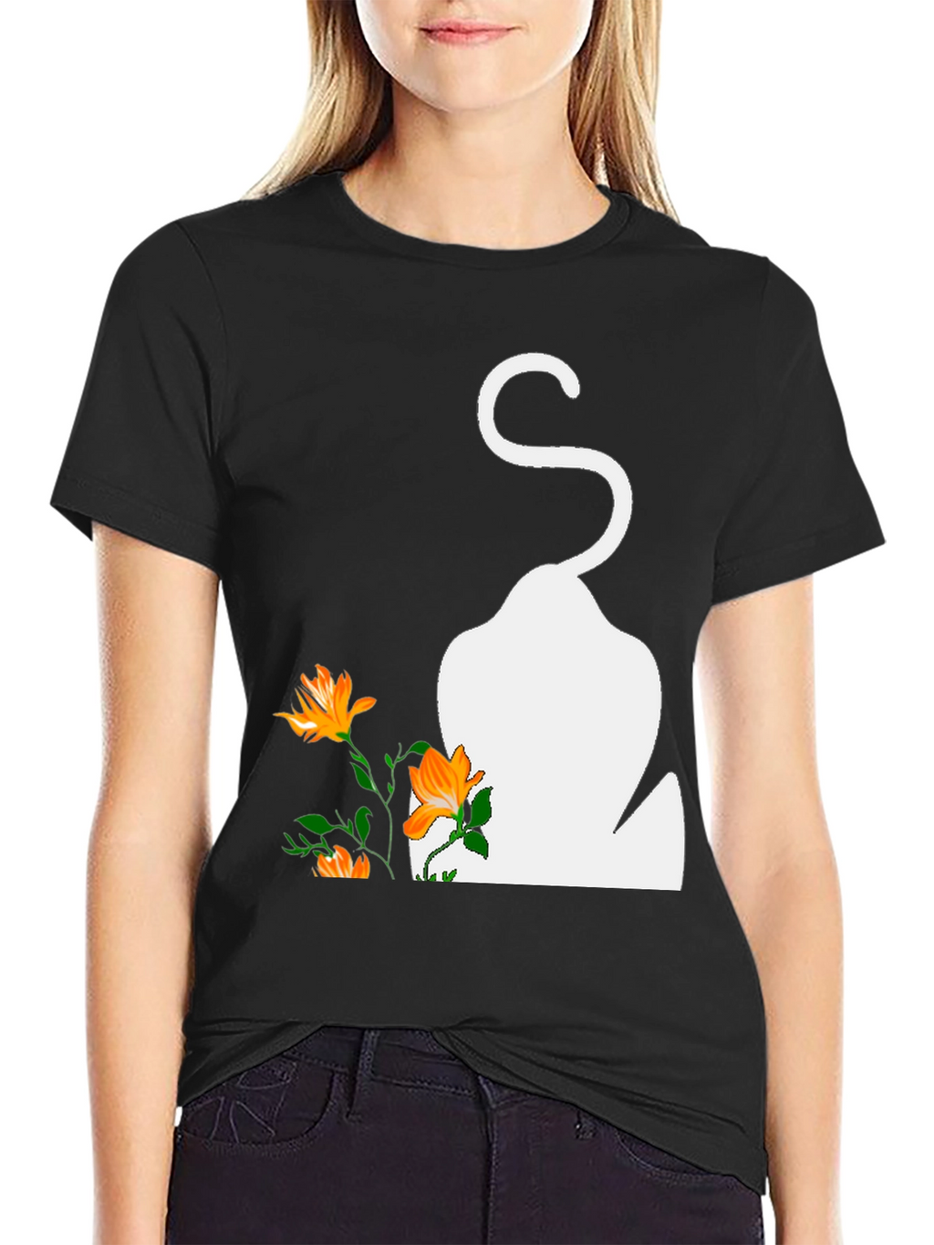 Mens Black T-Shirt with Cat and Flowers Graphic