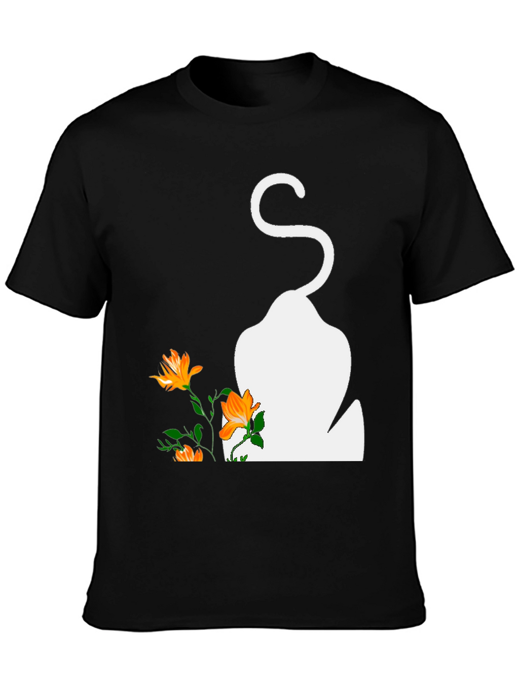 Mens Black T-Shirt with Cat and Flowers Graphic