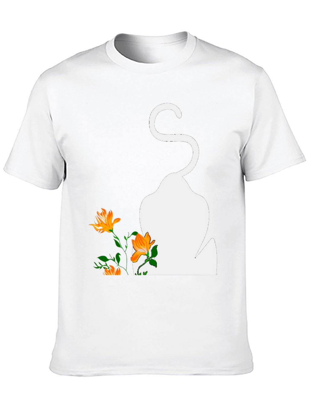 Mens Black T-Shirt with Cat and Flowers Graphic