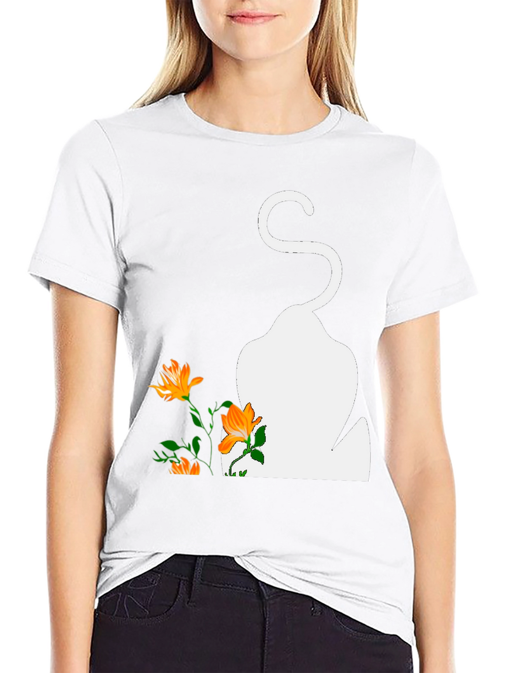 Mens Black T-Shirt with Cat and Flowers Graphic