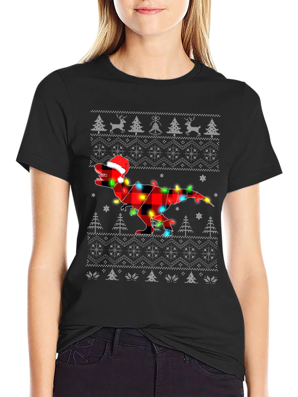 Christmas T-Rex Plaid Lights Holiday Shirt