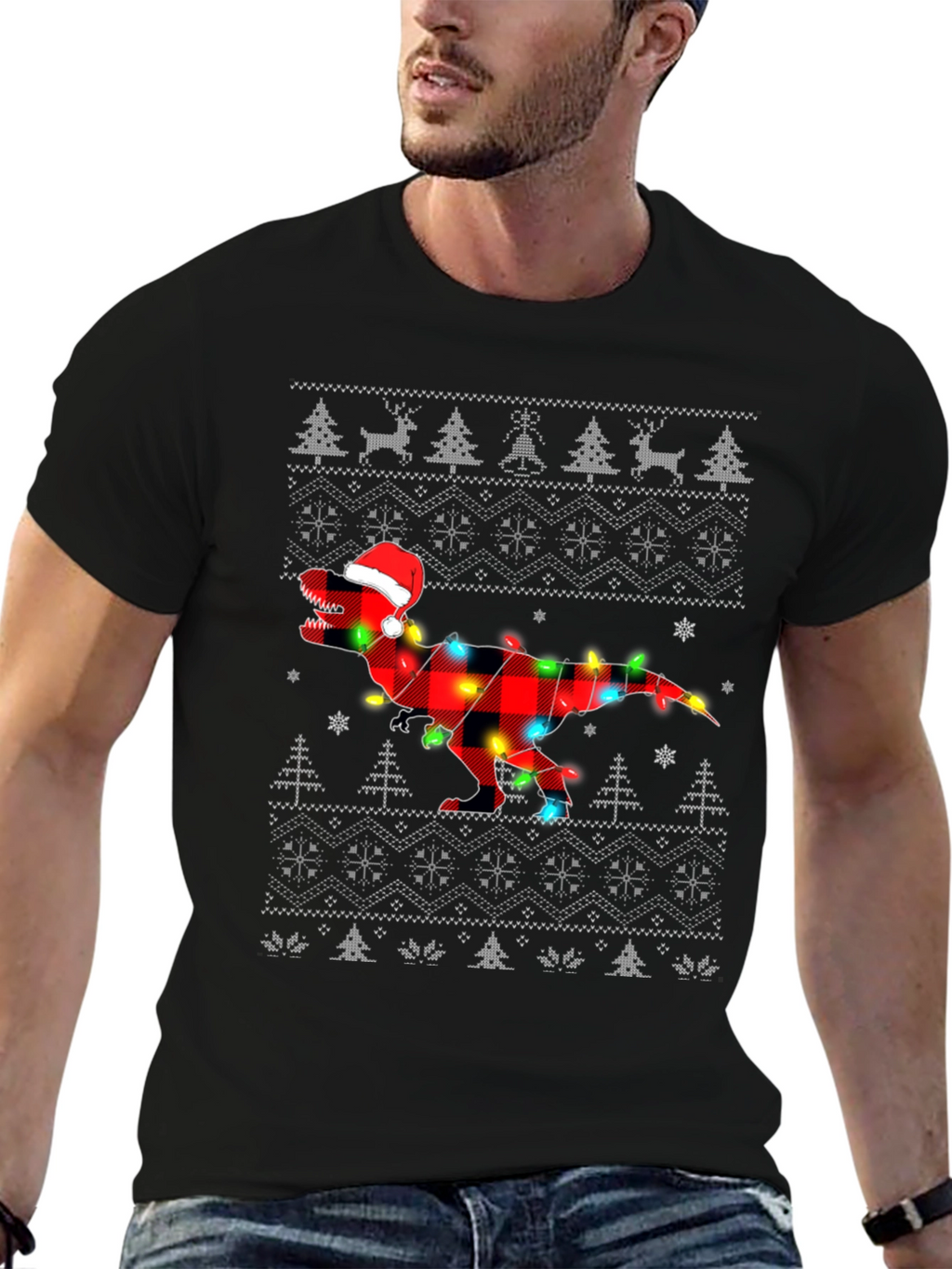 Christmas T-Rex Plaid Lights Holiday Shirt