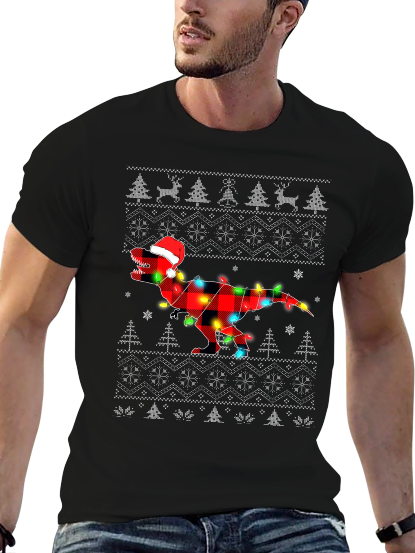 Christmas T-Rex Plaid Lights Holiday Shirt