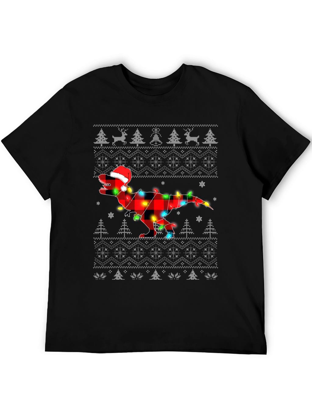 Christmas T-Rex Plaid Lights Holiday Shirt