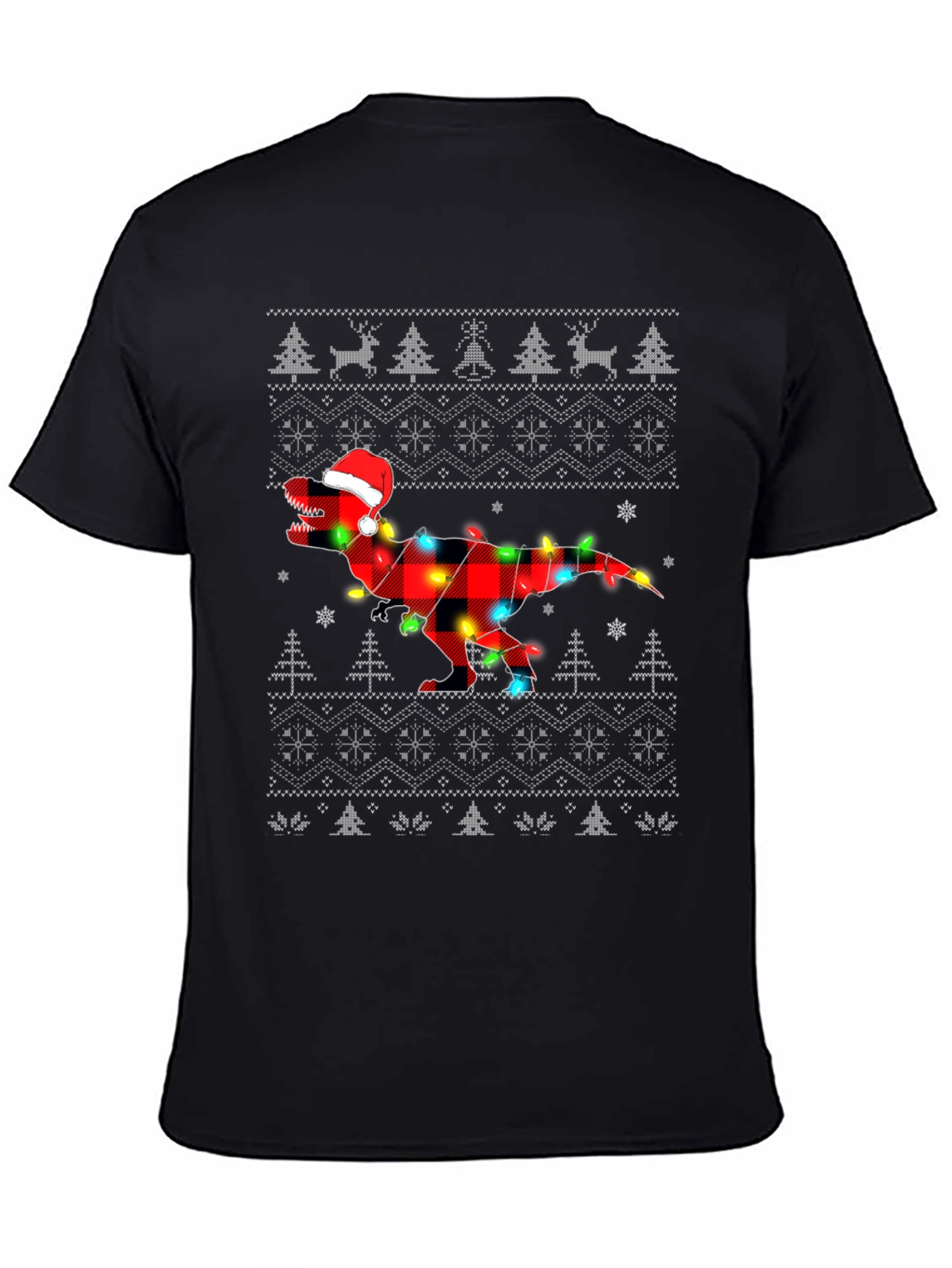 Christmas T-Rex Plaid Lights Holiday Shirt