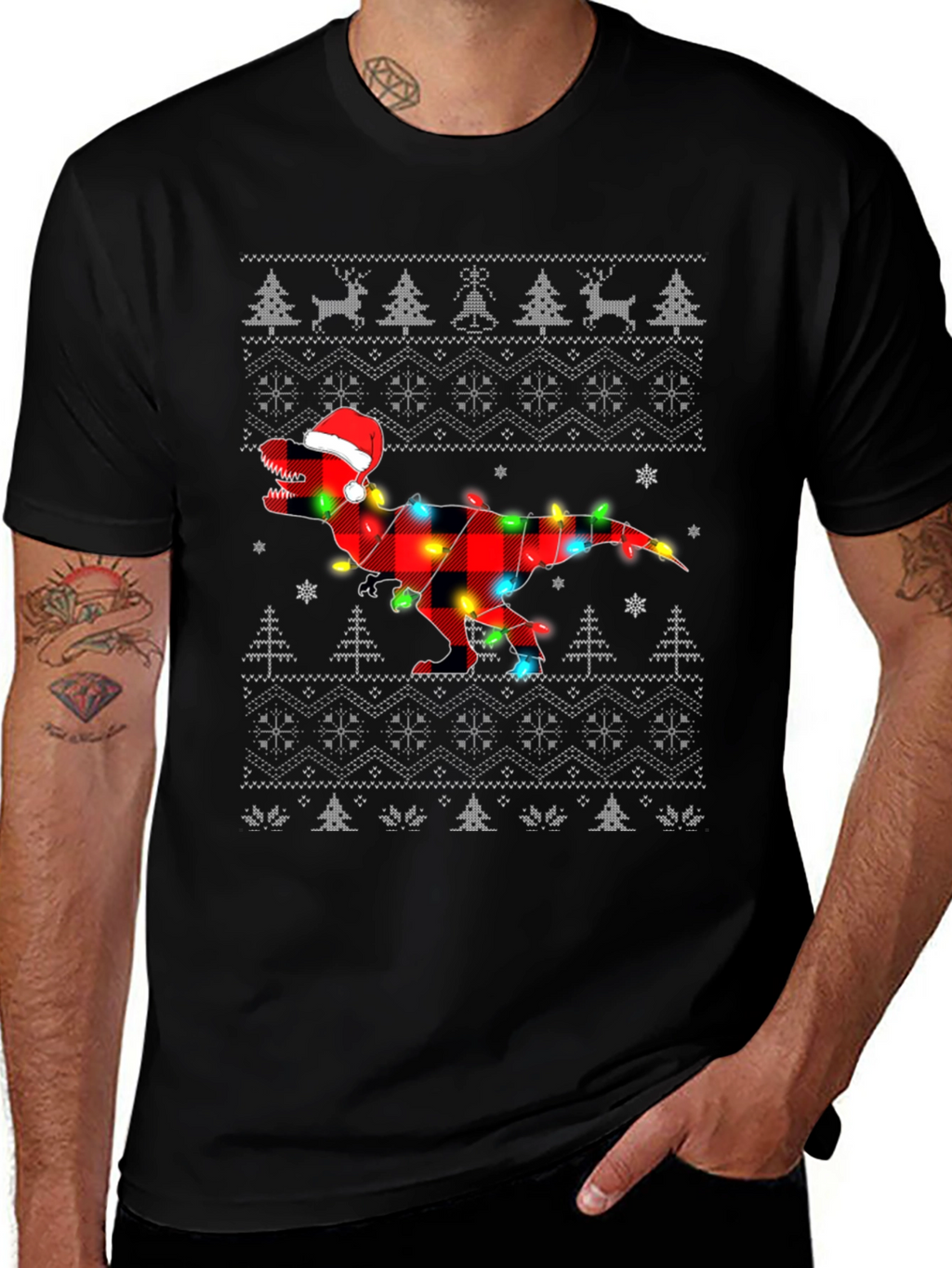 Christmas T-Rex Plaid Lights Holiday Shirt