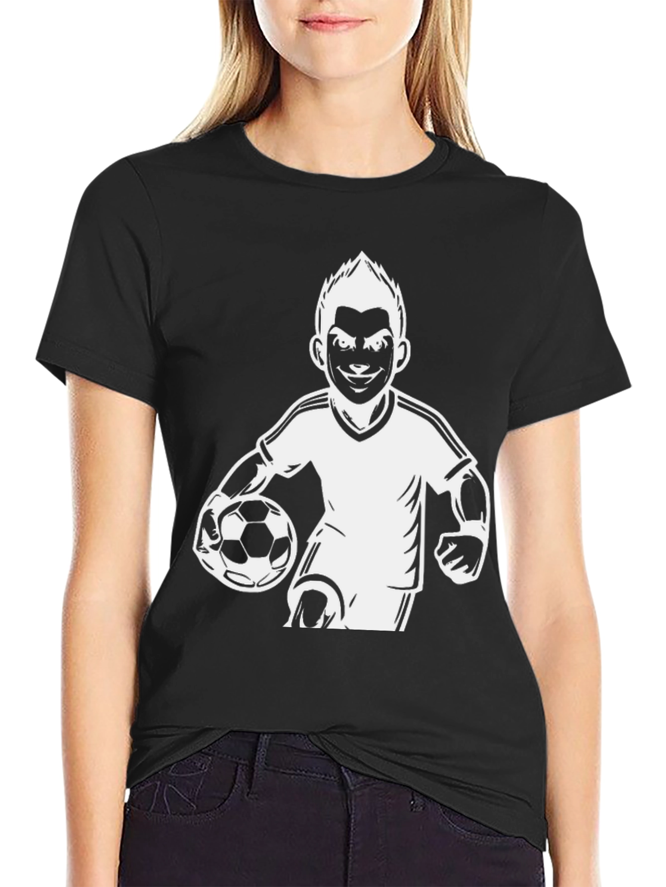 Soccer Player Graphic Tee - Black Cotton Casual