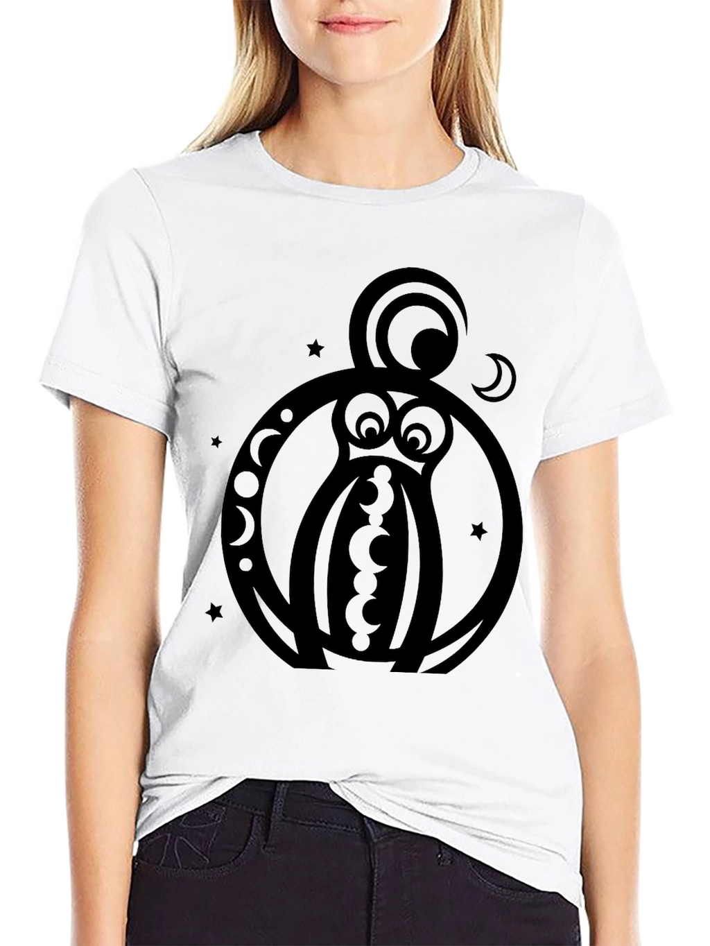 Abstract Owl Graphic Black T-Shirt