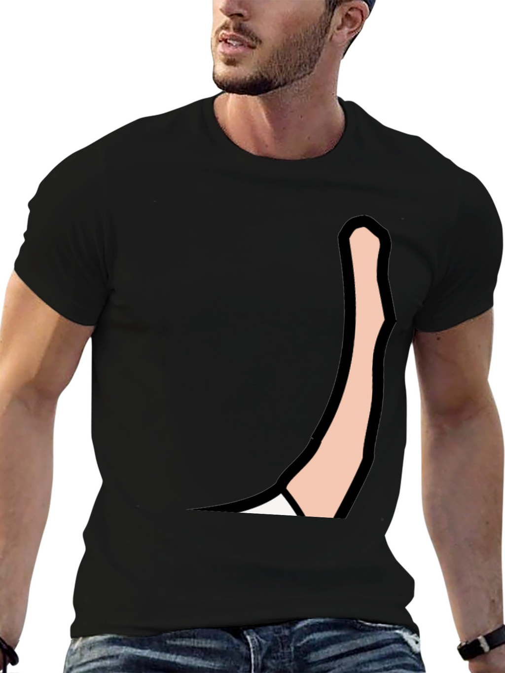 Mens Black Graphic Tee: Cartoon Arm Design