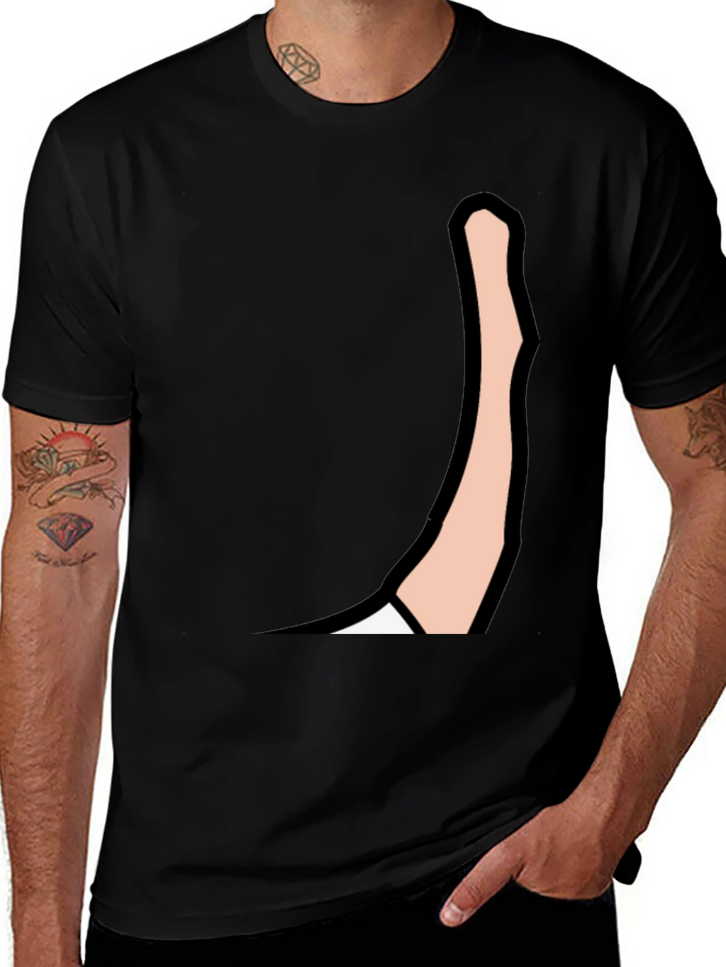 Mens Black Graphic Tee: Cartoon Arm Design