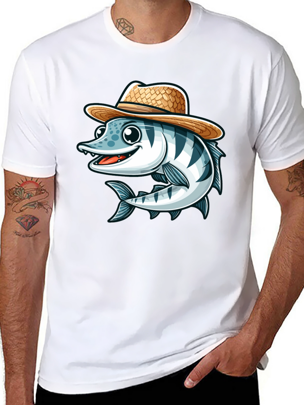 Cartoon Fish with Straw Hat T-Shirt