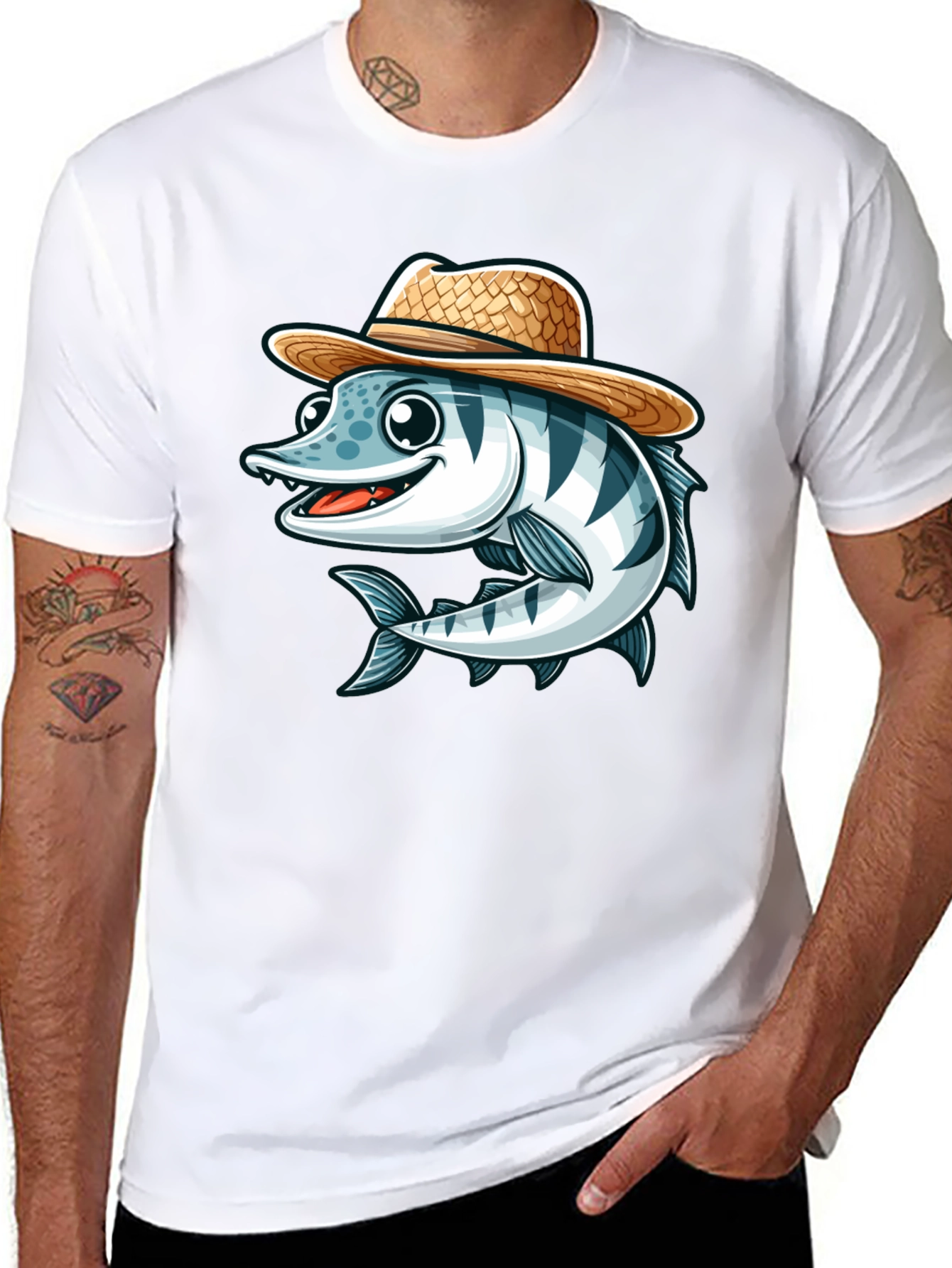 Cartoon Fish with Straw Hat T-Shirt