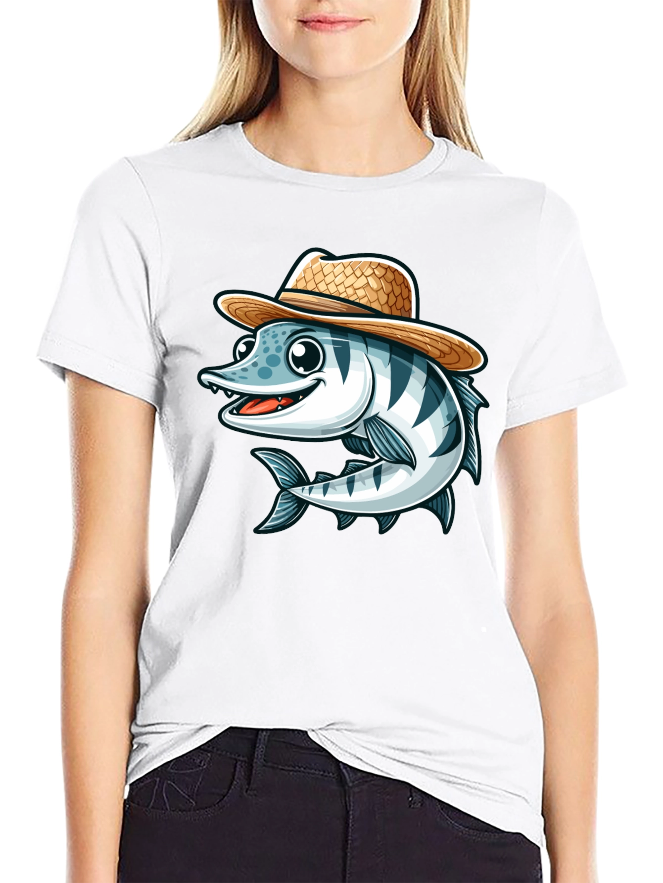 Cartoon Fish with Straw Hat T-Shirt
