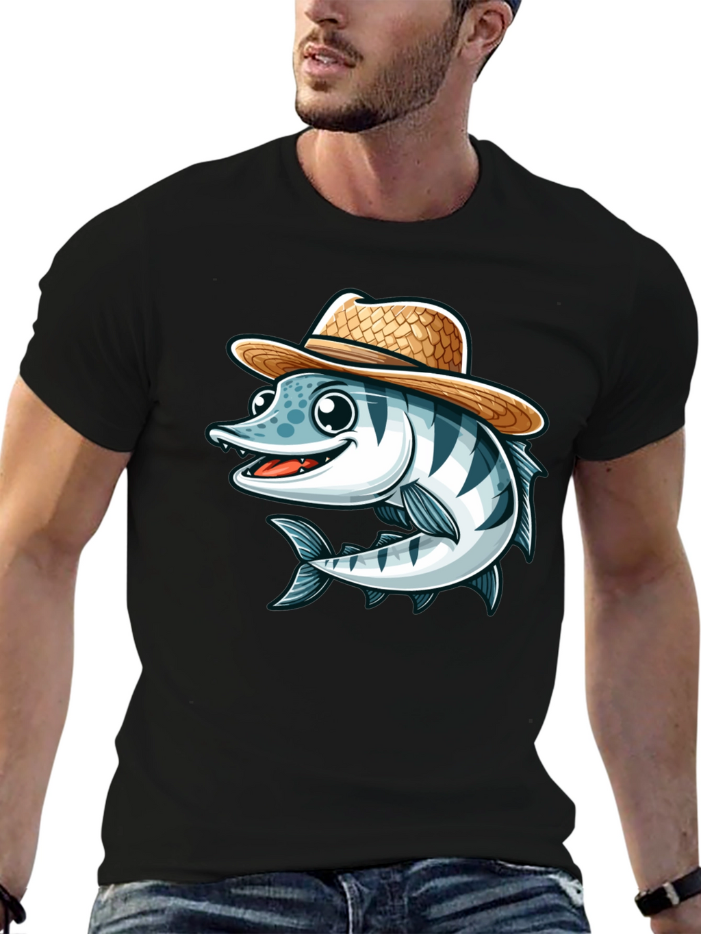 Cartoon Fish with Straw Hat T-Shirt