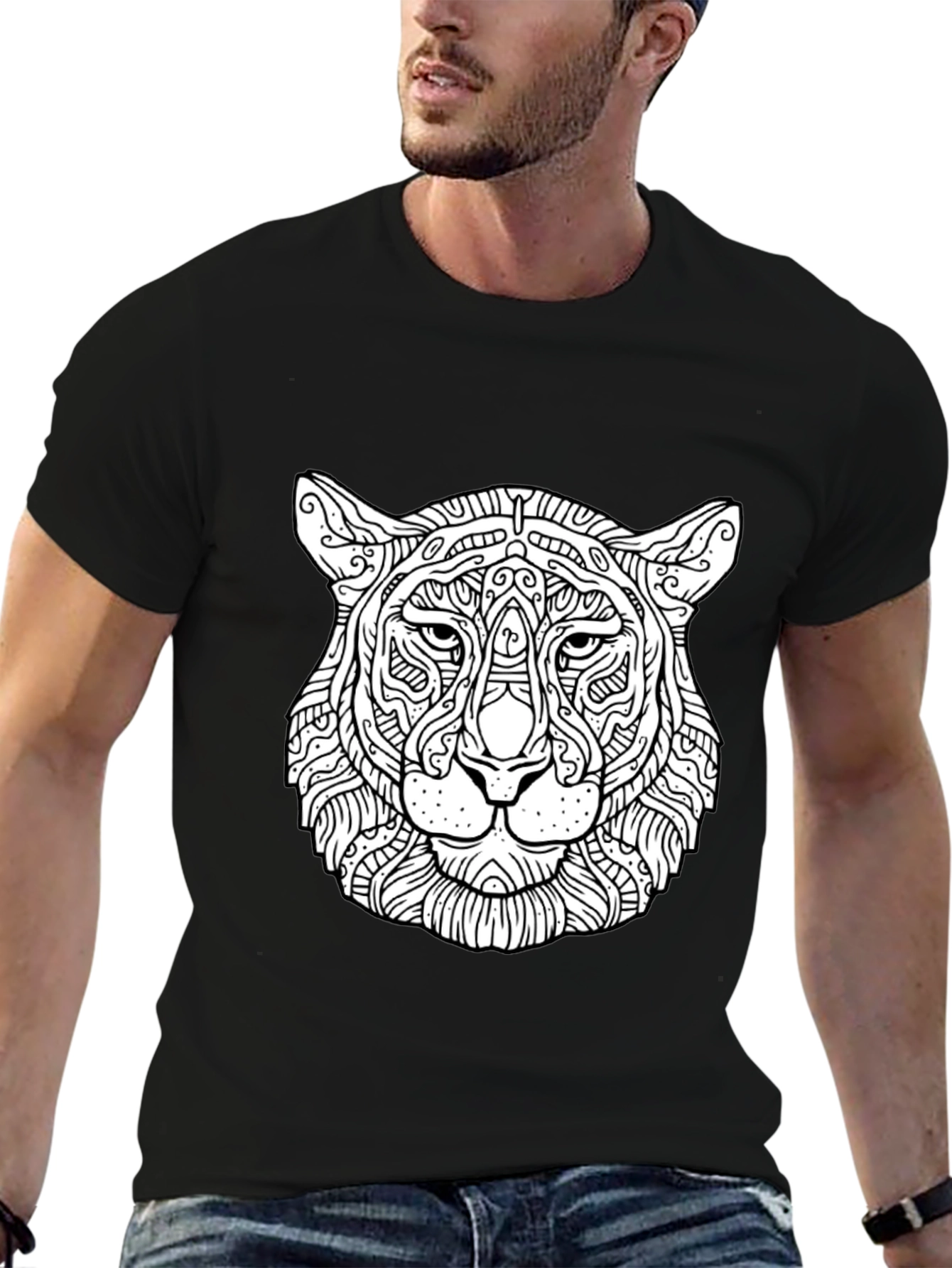 Abstract Tiger Head Graphic Black T-Shirt