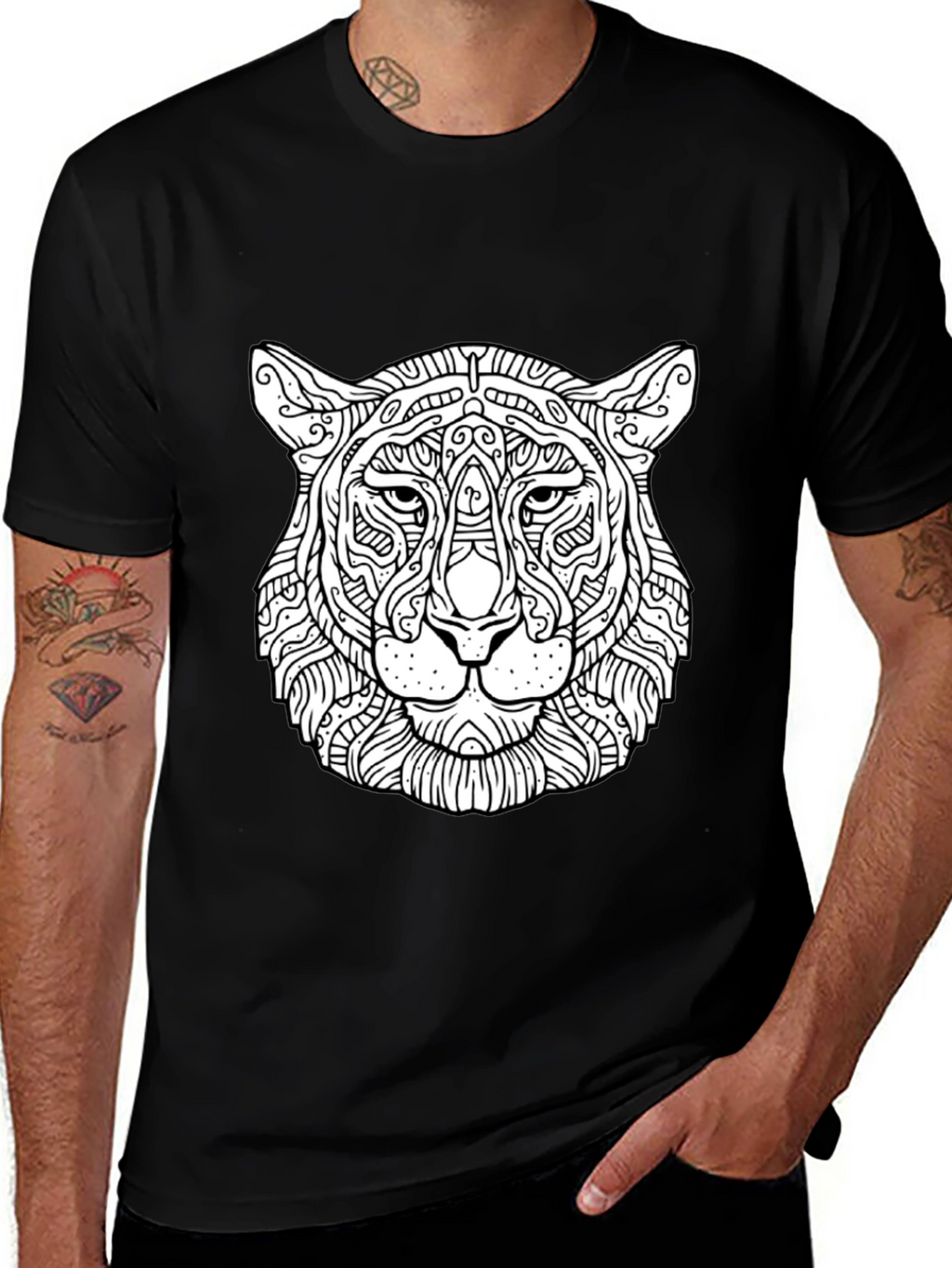 Abstract Tiger Head Graphic Black T-Shirt