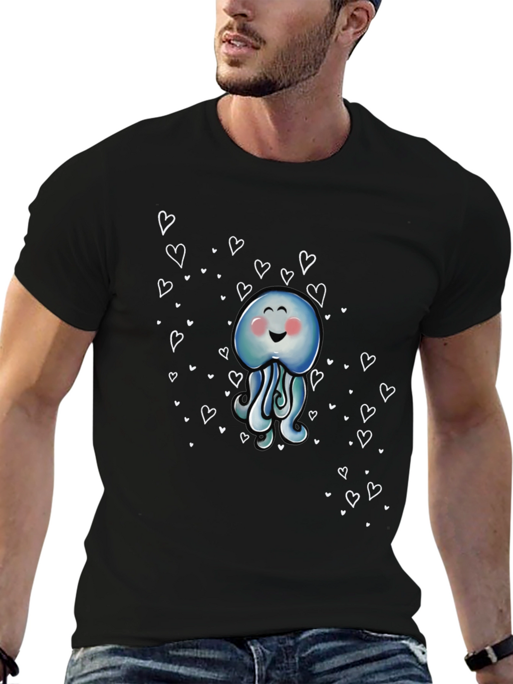 Cute Jellyfish Heart Graphic Black T-Shirt
