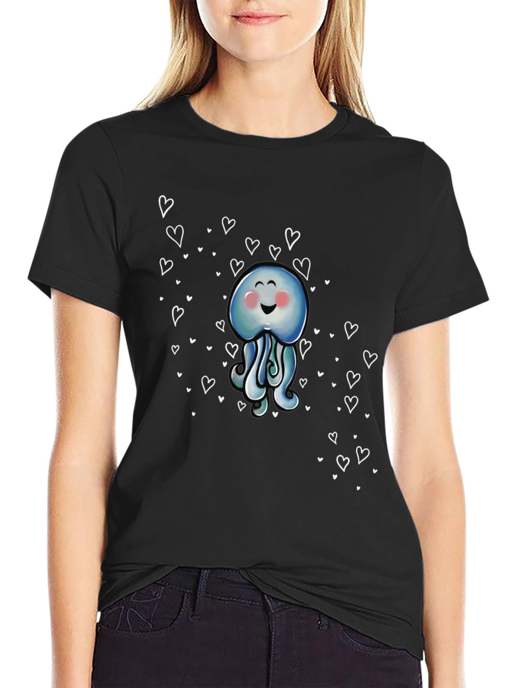 Cute Jellyfish Heart Graphic Black T-Shirt