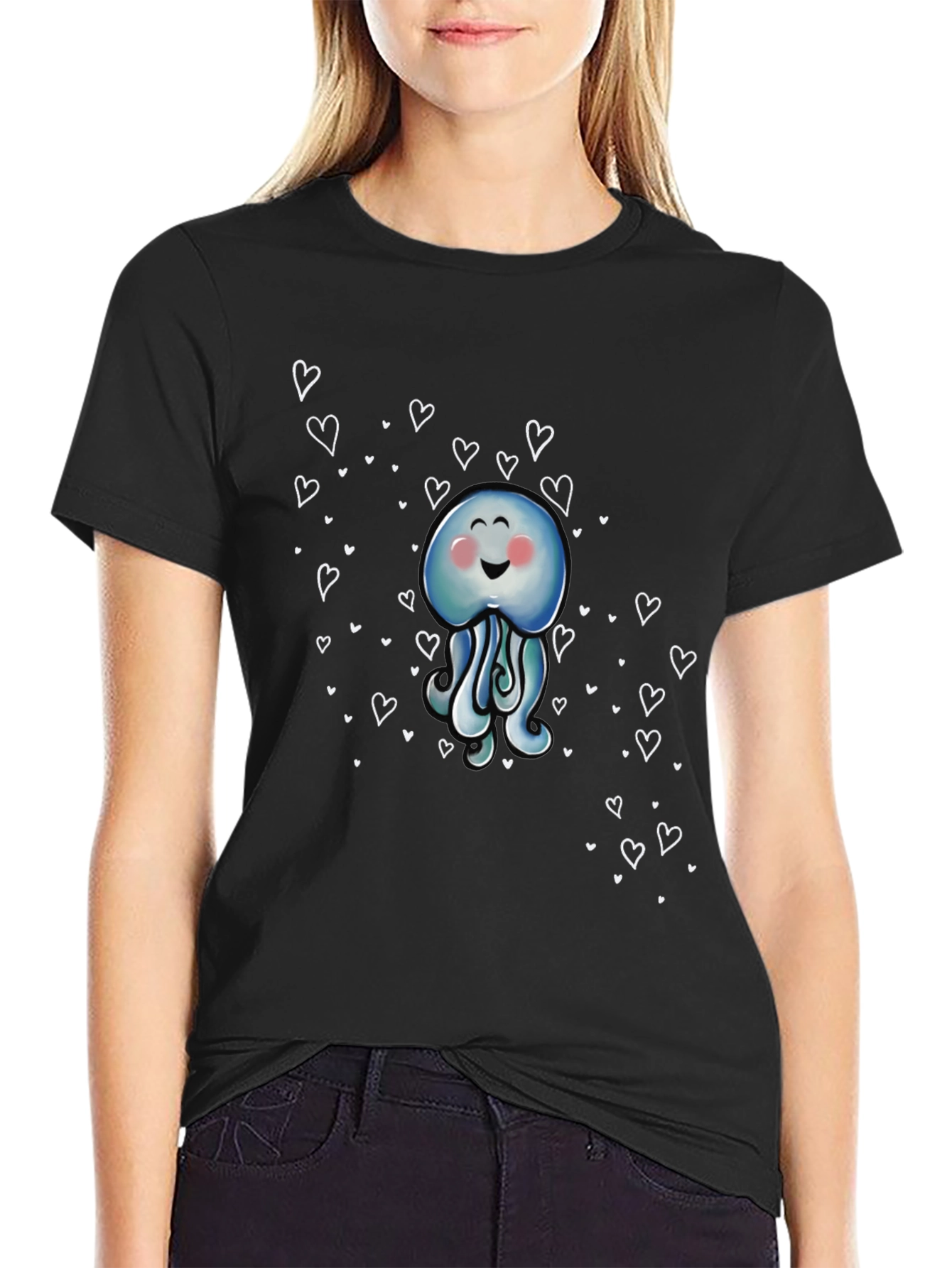 Cute Jellyfish Heart Graphic Black T-Shirt