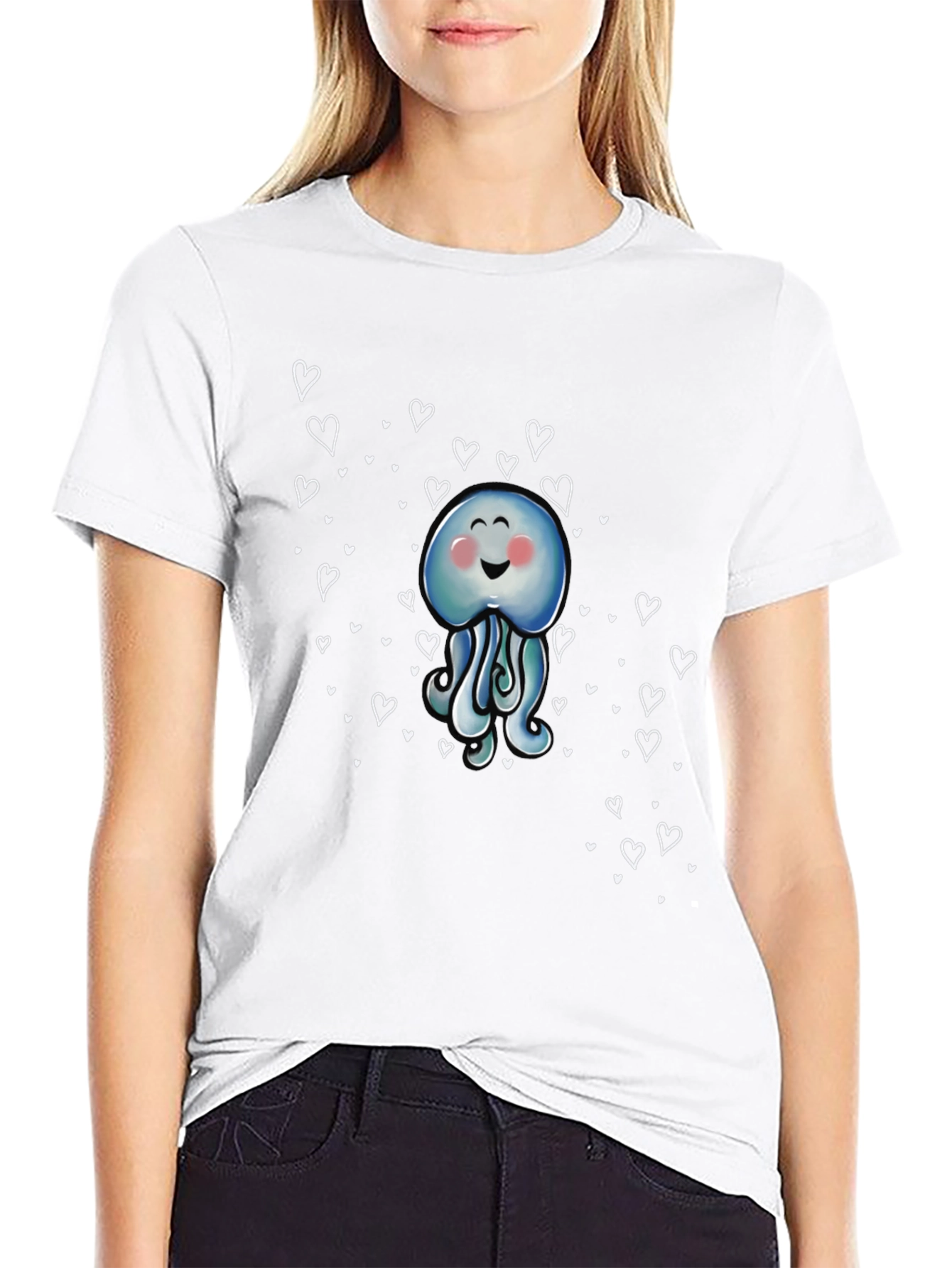 Cute Jellyfish Heart Graphic Black T-Shirt