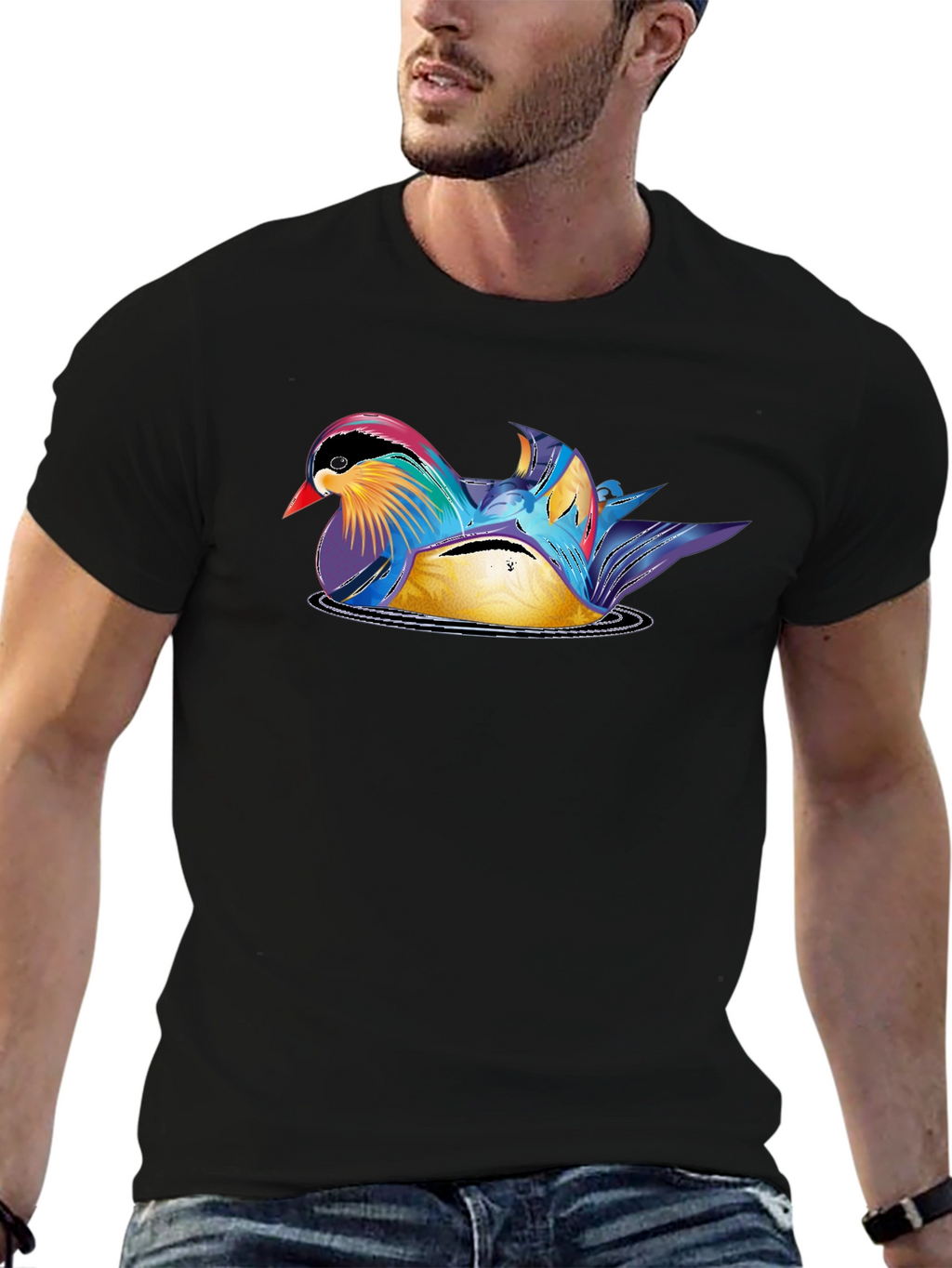 Mandarin Duck Graphic Tee - Stylish Mens Black T-Shirt