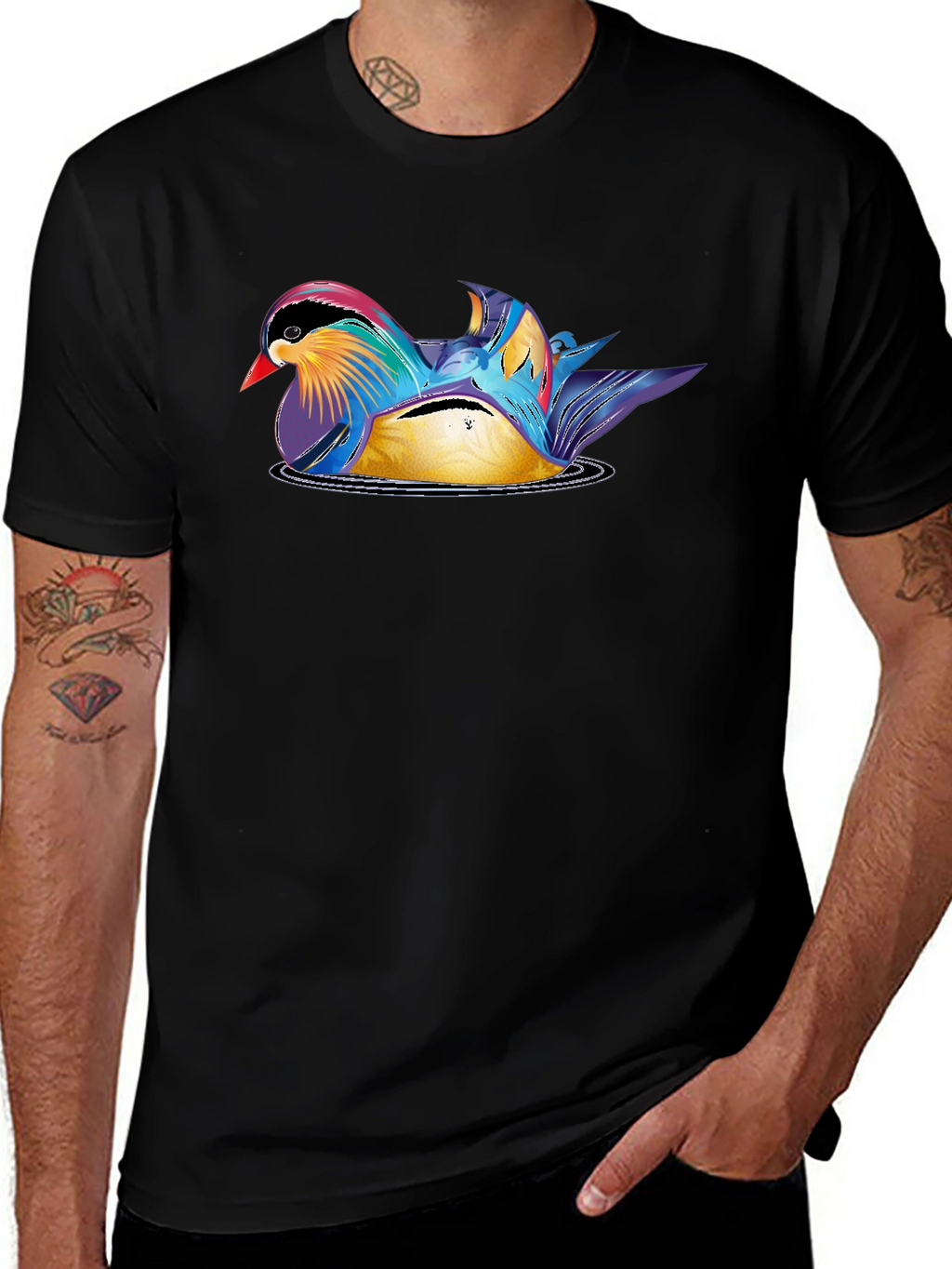 Mandarin Duck Graphic Tee - Stylish Mens Black T-Shirt