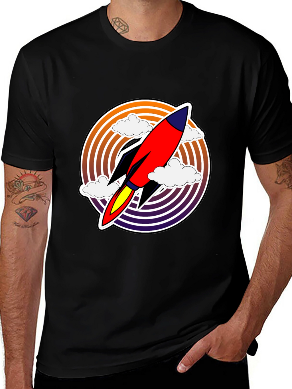Retro Rocket Launch T-Shirt - Black Graphic Tee