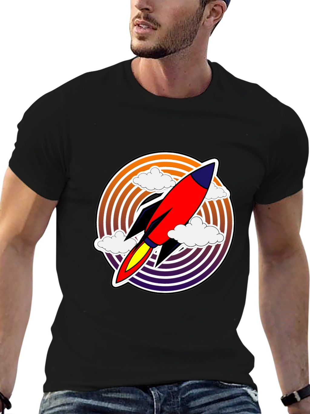 Retro Rocket Launch T-Shirt - Black Graphic Tee