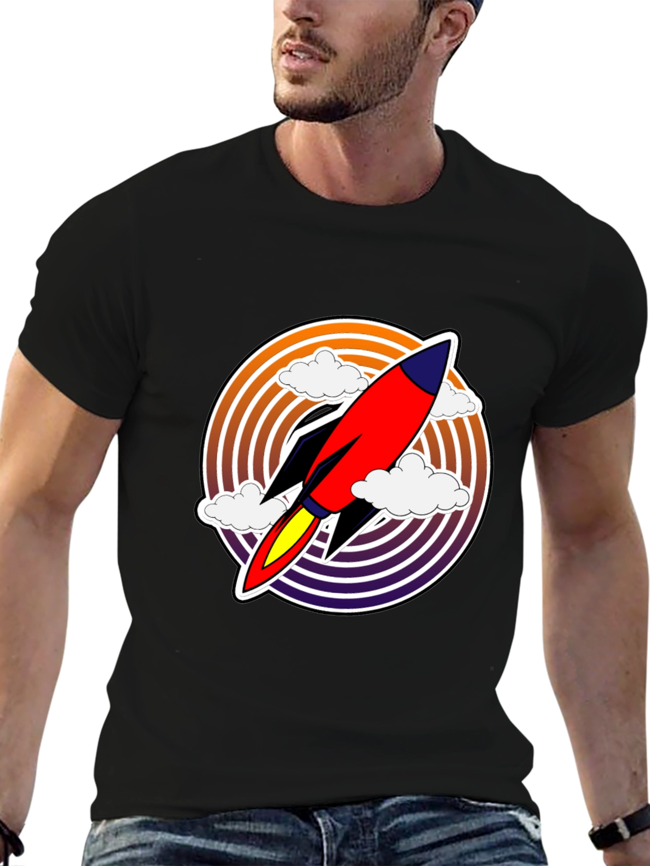 Retro Rocket Launch T-Shirt - Black Graphic Tee