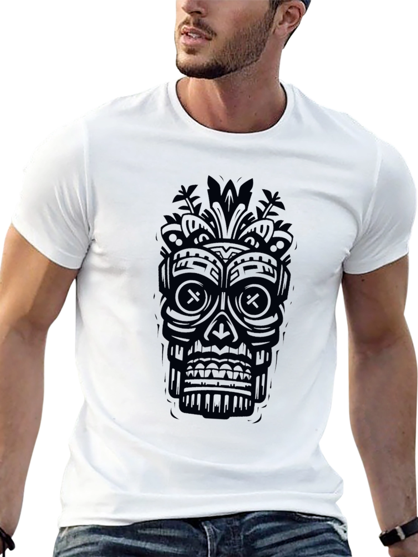 Black Tiki Skull Graphic Tee - Unique Design