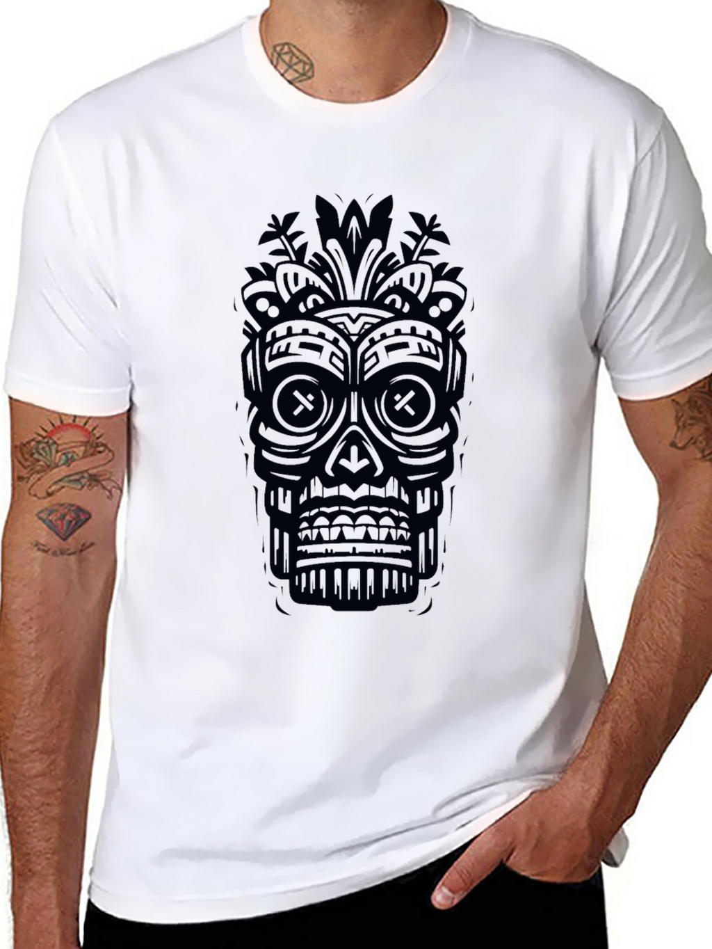 Black Tiki Skull Graphic Tee - Unique Design