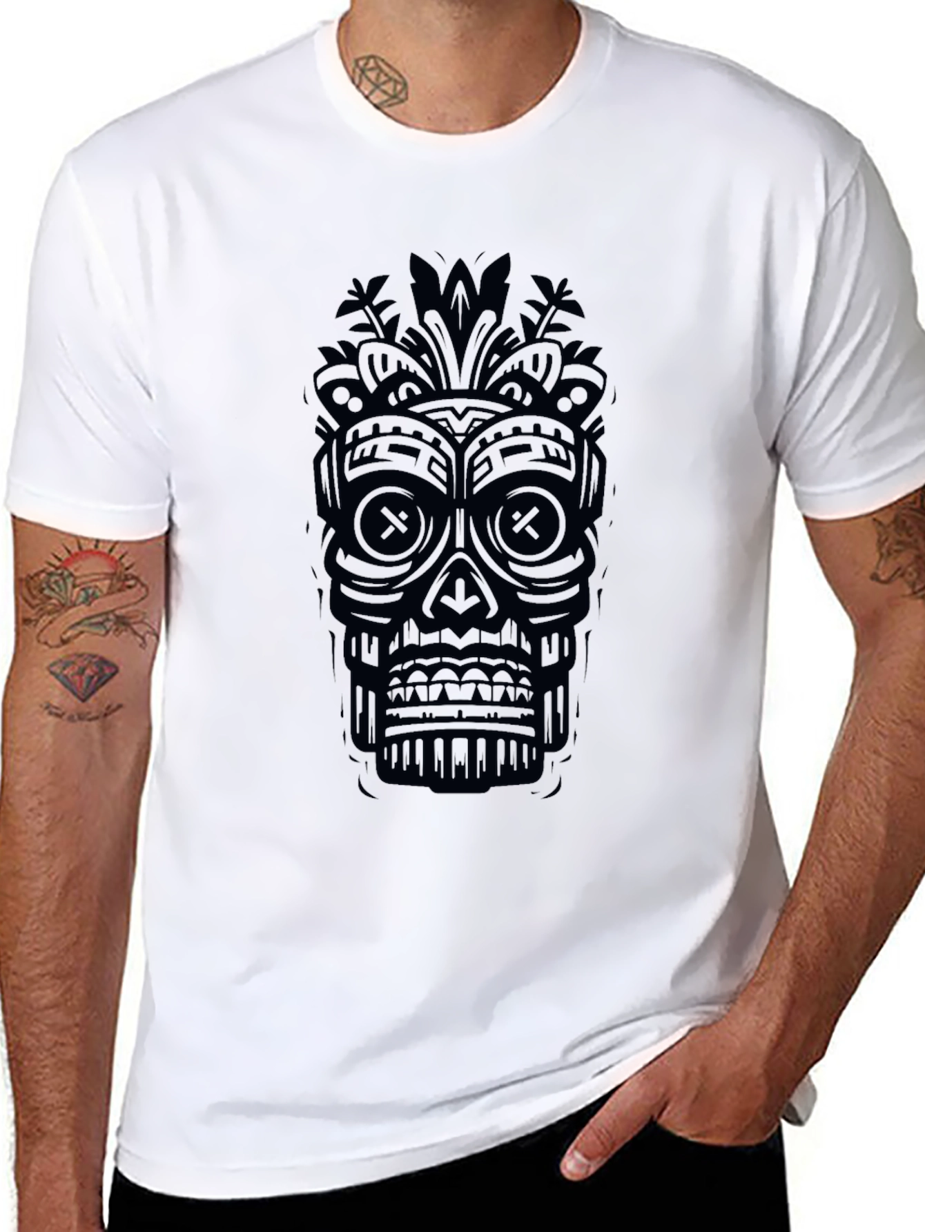 Black Tiki Skull Graphic Tee - Unique Design