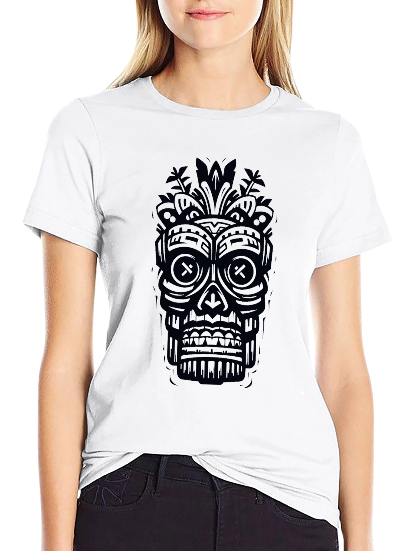 Black Tiki Skull Graphic Tee - Unique Design