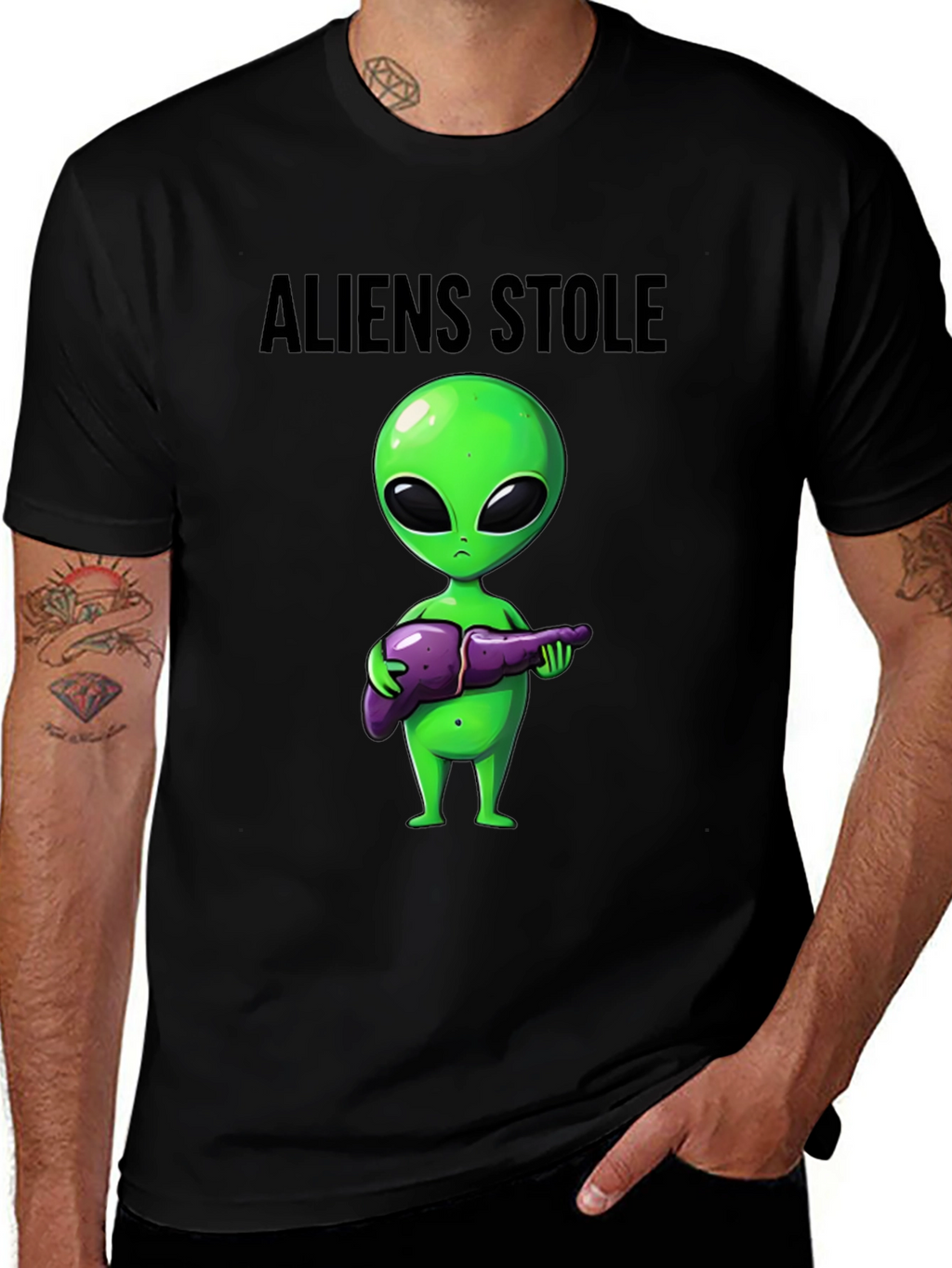 Aliens Stole My Liver Black T-Shirt