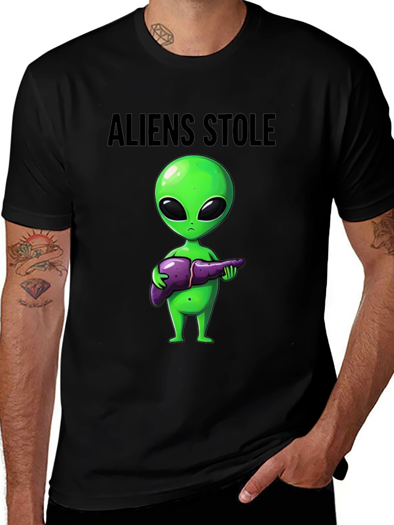 Aliens Stole My Liver Black T-Shirt