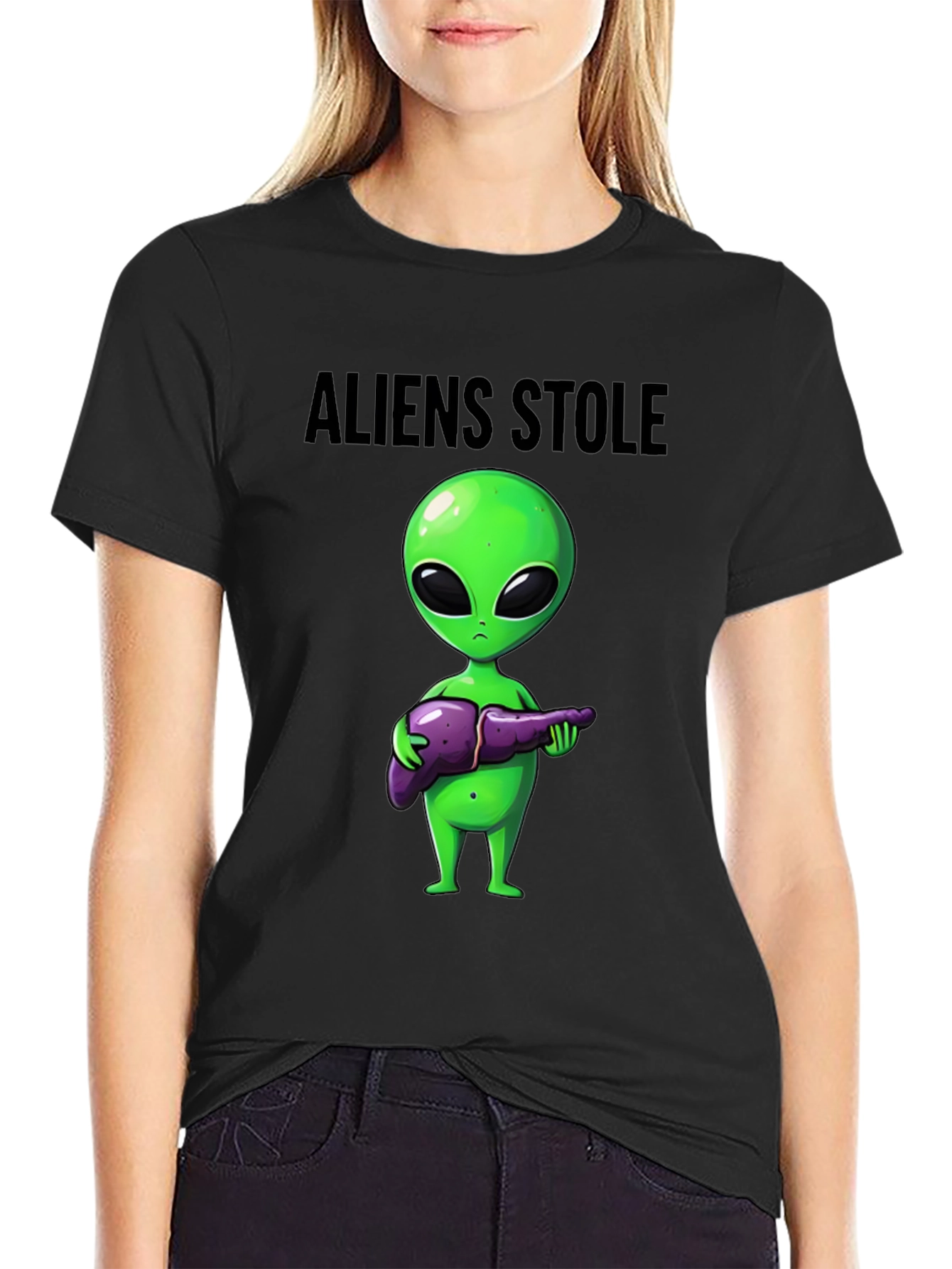 Aliens Stole My Liver Black T-Shirt