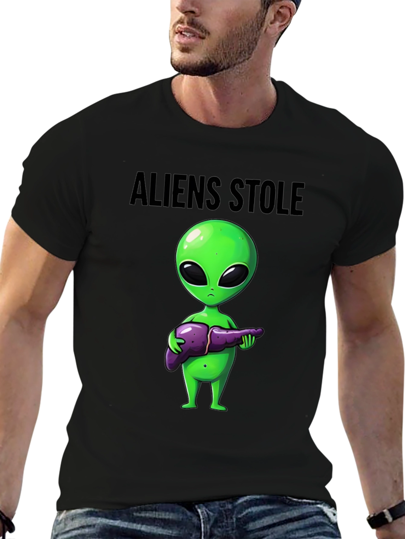 Aliens Stole My Liver Black T-Shirt