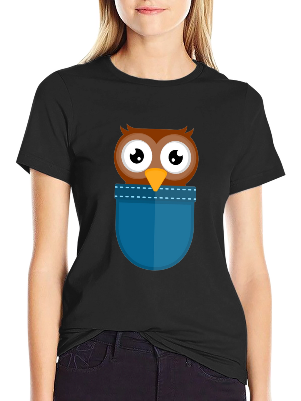Cartoon Owl Pocket T-Shirt - Black