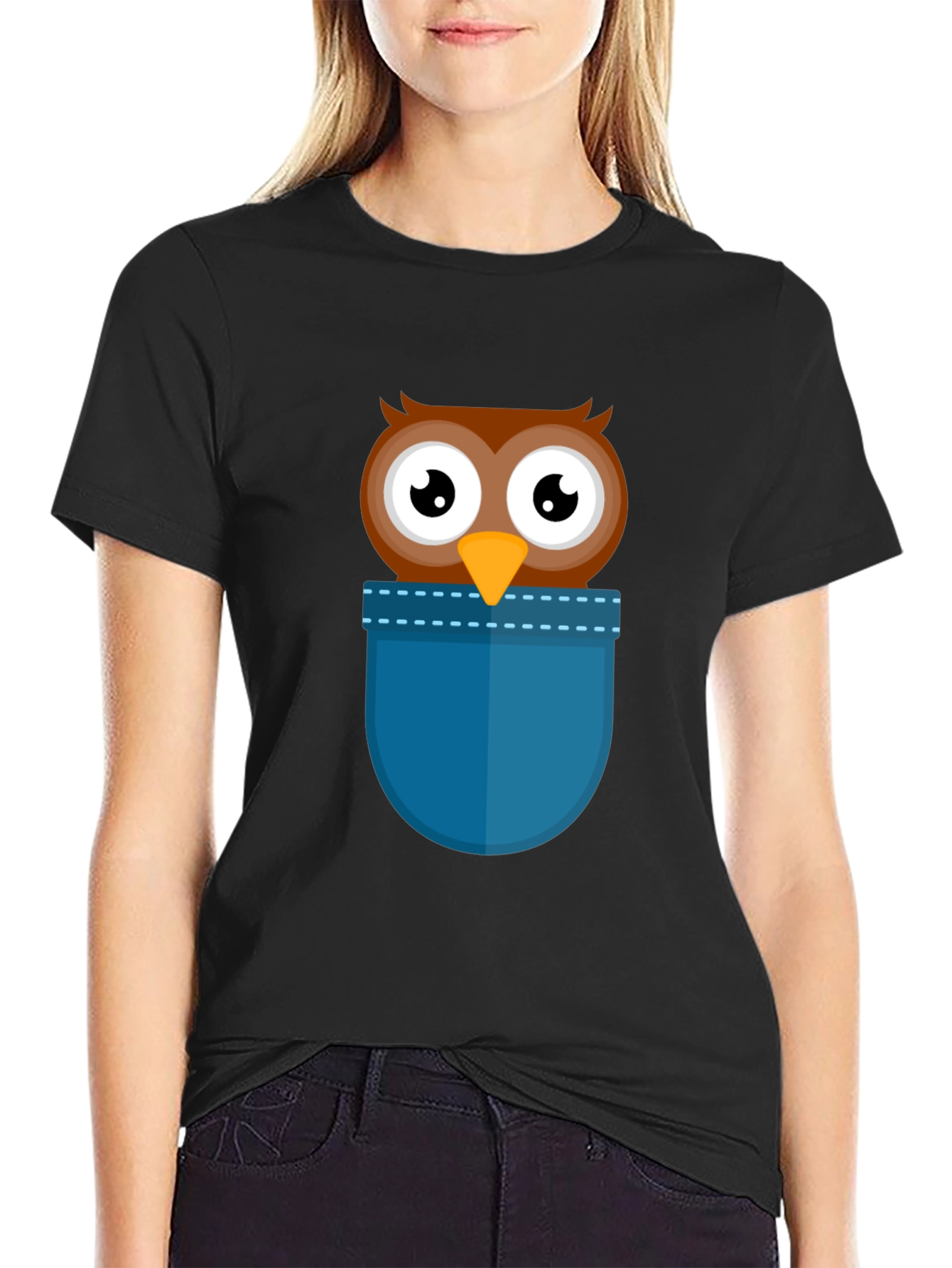 Cartoon Owl Pocket T-Shirt - Black