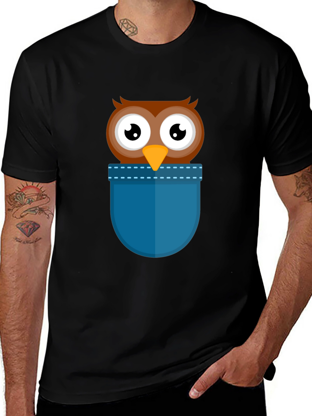 Cartoon Owl Pocket T-Shirt - Black