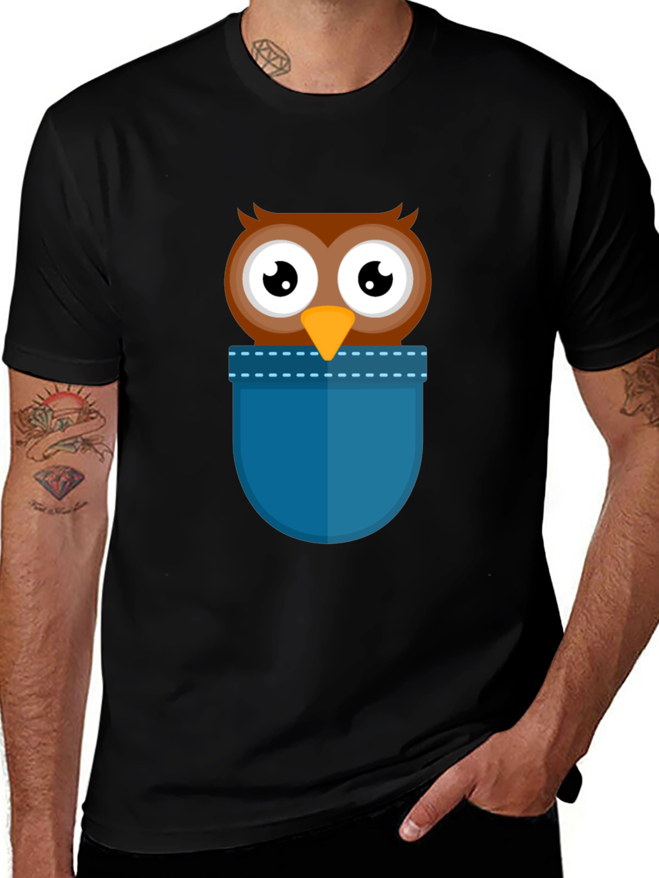 Cartoon Owl Pocket T-Shirt - Black