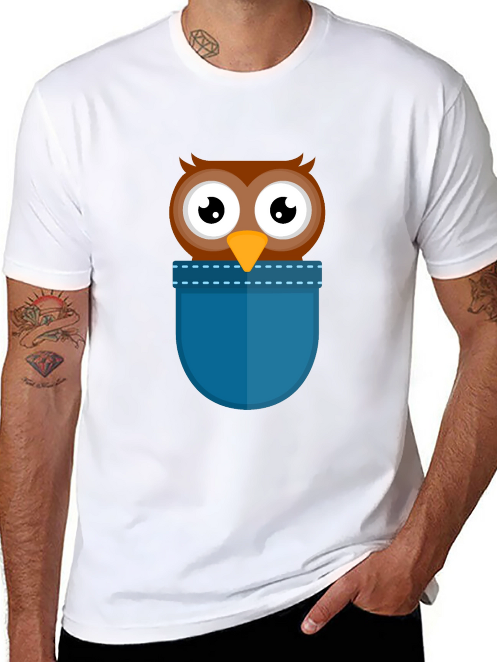 Cartoon Owl Pocket T-Shirt - Black