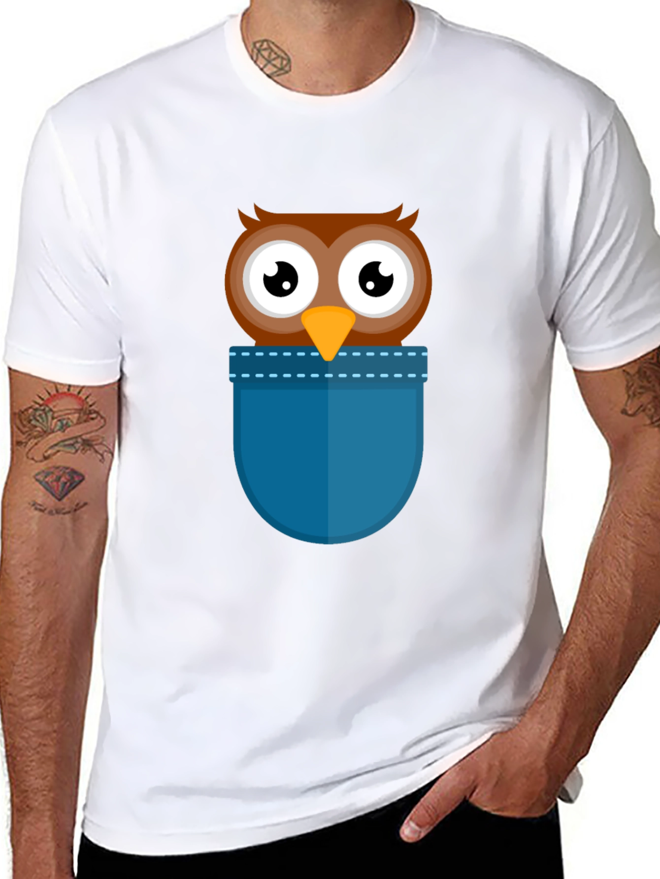 Cartoon Owl Pocket T-Shirt - Black