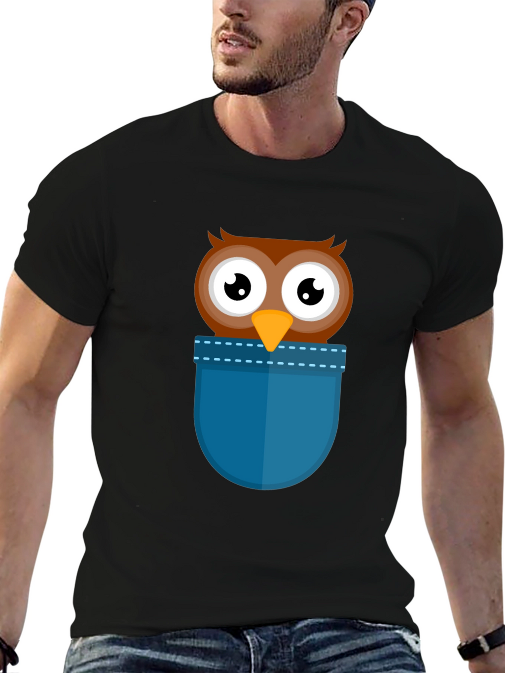 Cartoon Owl Pocket T-Shirt - Black