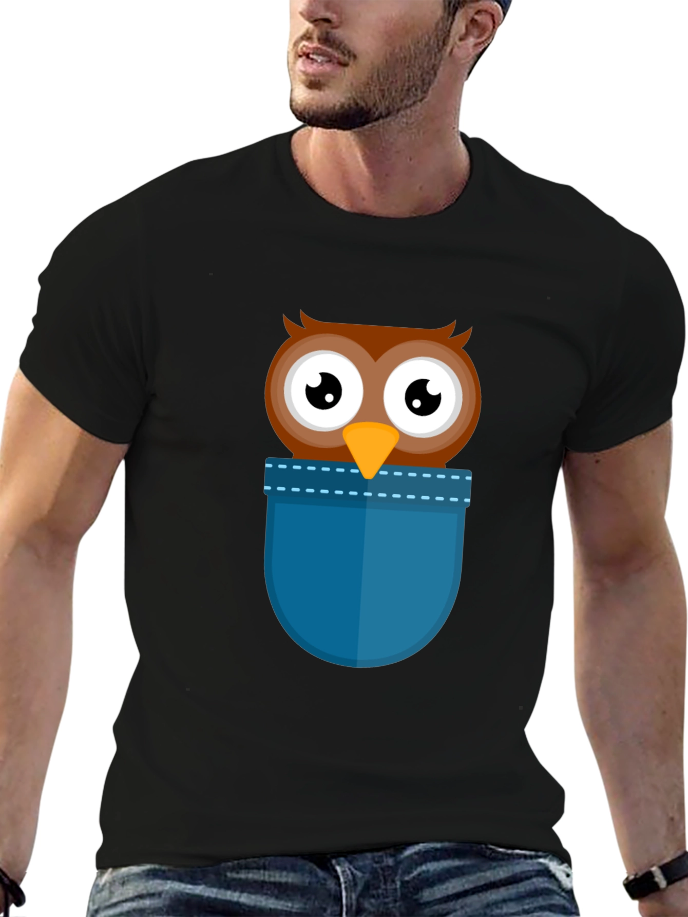 Cartoon Owl Pocket T-Shirt - Black