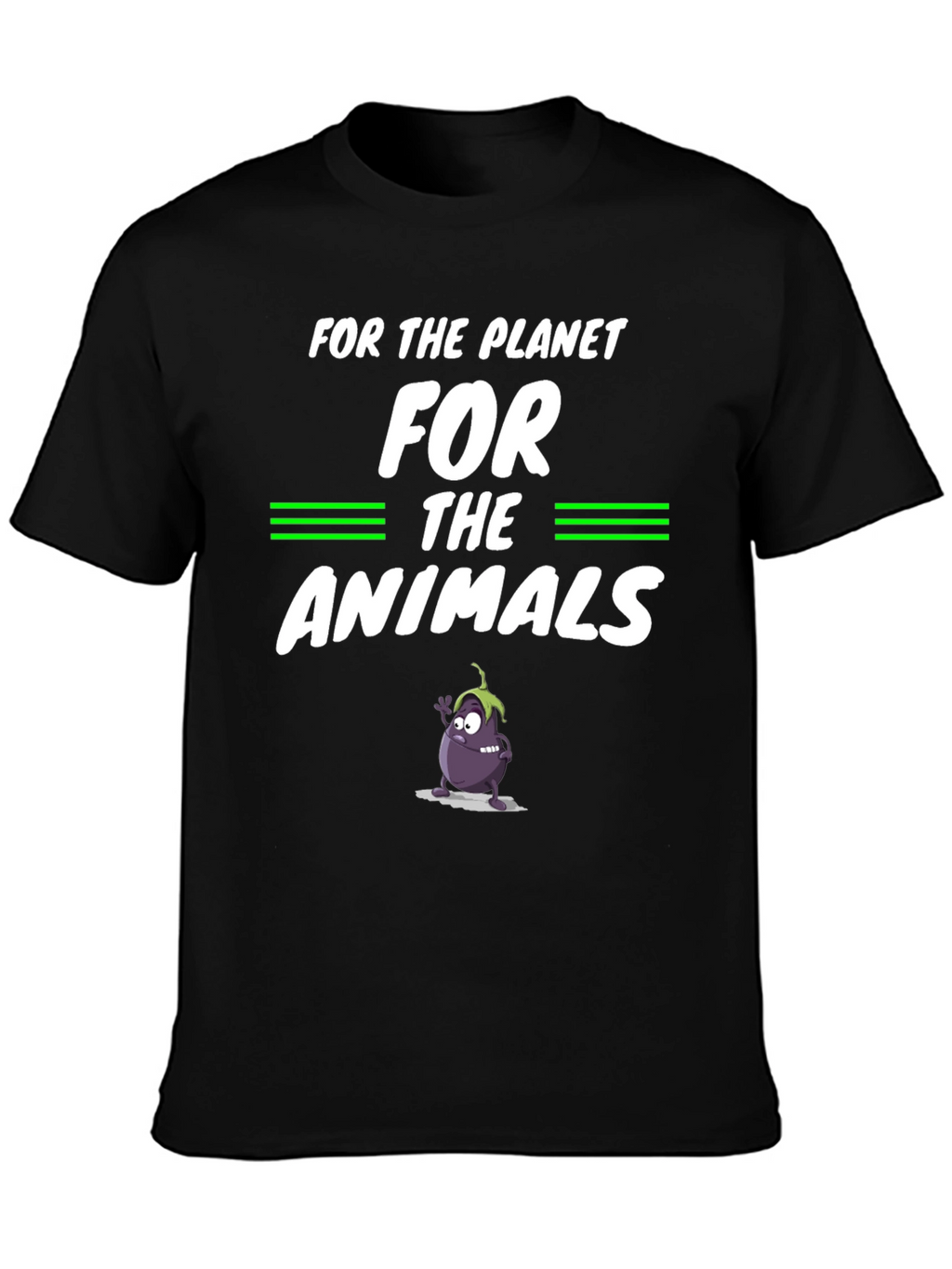 Vegan Planet Animals Cartoon Eggplant Graphic Black T-Shirt