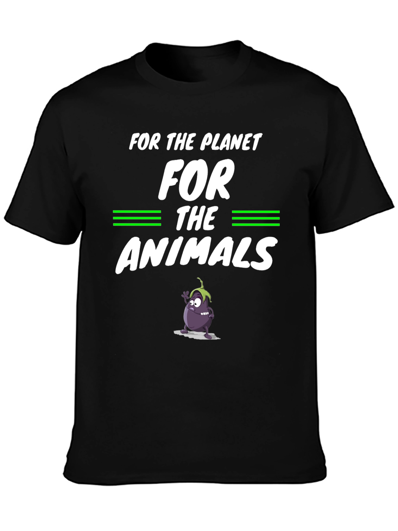 Vegan Planet Animals Cartoon Eggplant Graphic Black T-Shirt