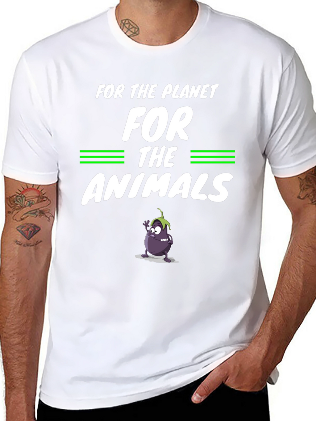 Vegan Planet Animals Cartoon Eggplant Graphic Black T-Shirt